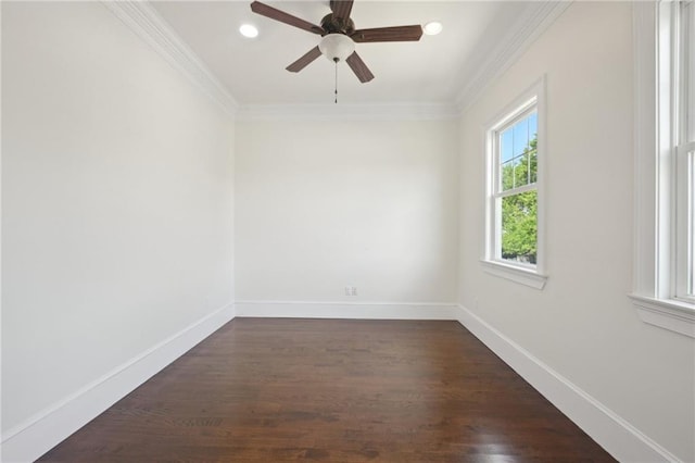 unfurnished room with dark wood finished floors, ornamental molding, baseboards, ceiling fan, and recessed lighting