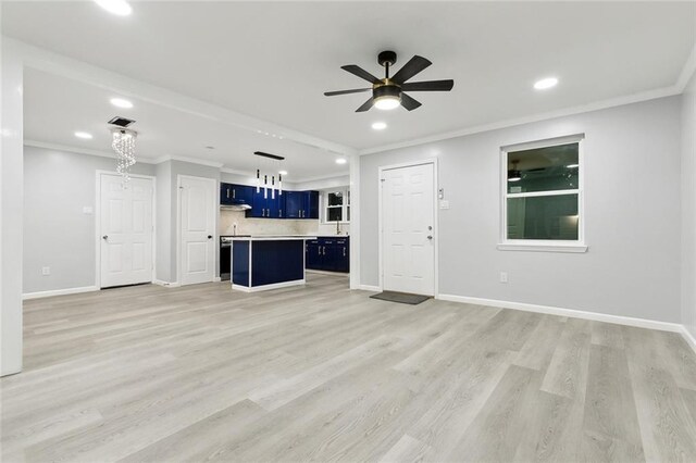 672 Wiegand Dr, Westwego, LA 70094 - unfurnished living room featuring recessed lighting, a ceiling fan, ornamental molding, baseboards, and light wood-style floors