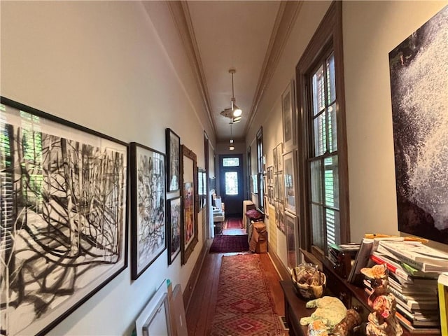 hallway with crown molding and wood finished floors