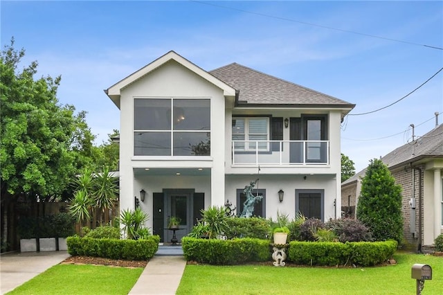 view of front of property with a balcony, stucco siding, a front yard, and a shingled roof