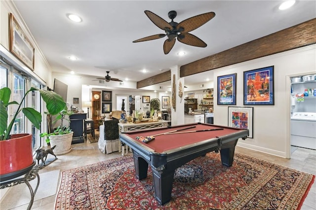 game room with washer / clothes dryer, a ceiling fan, recessed lighting, pool table, and baseboards