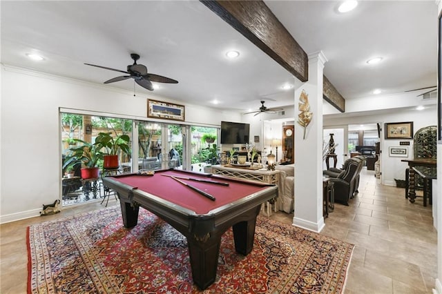 recreation room with a ceiling fan, recessed lighting, ornamental molding, baseboards, and billiards