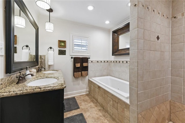 bathroom featuring a garden tub, tile patterned floors, baseboards, double vanity, and recessed lighting