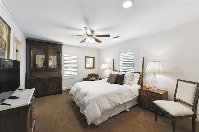 bedroom with ornamental molding, dark carpet, a ceiling fan, and recessed lighting