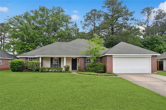 1155 Milan Dr, Mandeville, LA 70448 - ranch-style house with a garage, a front lawn, driveway, a porch, and a shingled roof