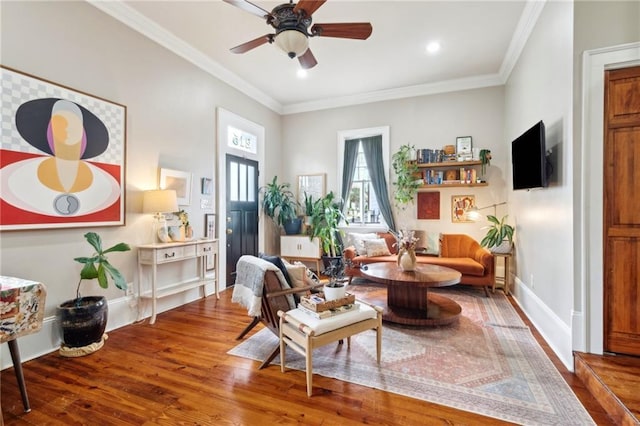 215 N Scott St, New Orleans, LA 70119 - living area with wood finished floors, ceiling fan, ornamental molding, baseboards, and recessed lighting