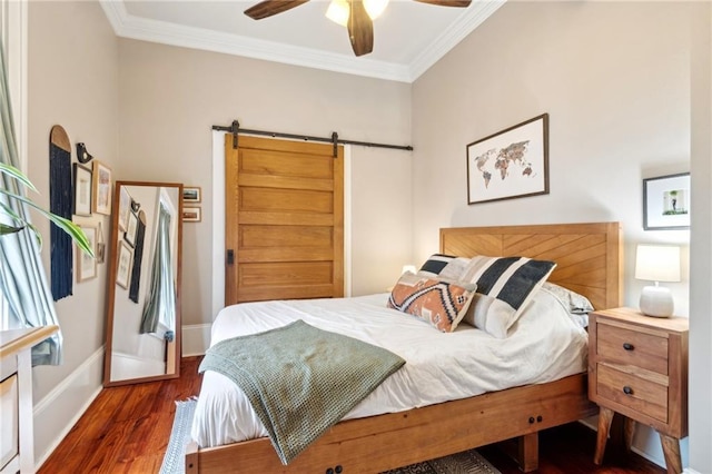 215 N Scott St, New Orleans, LA 70119 - bedroom featuring a barn door, ornamental molding, wood finished floors, baseboards, and ceiling fan