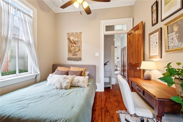 215 N Scott St, New Orleans, LA 70119 - bedroom with ornamental molding, multiple windows, dark wood-type flooring, and a ceiling fan