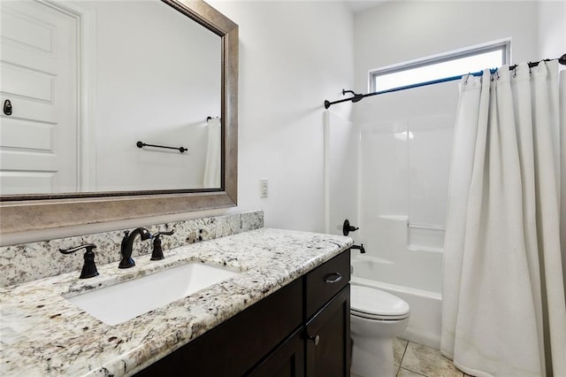 full bath with toilet, vanity, shower / bath combination with curtain, and tile patterned floors