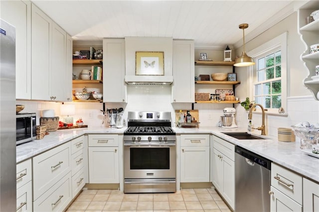 kitchen featuring open shelves, stainless steel appliances, a sink, tasteful backsplash, and crown molding