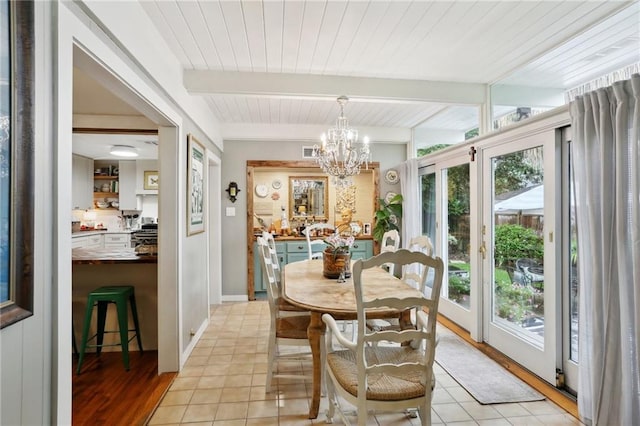 dining area with beamed ceiling, a chandelier, wooden ceiling, light tile patterned floors, and baseboards