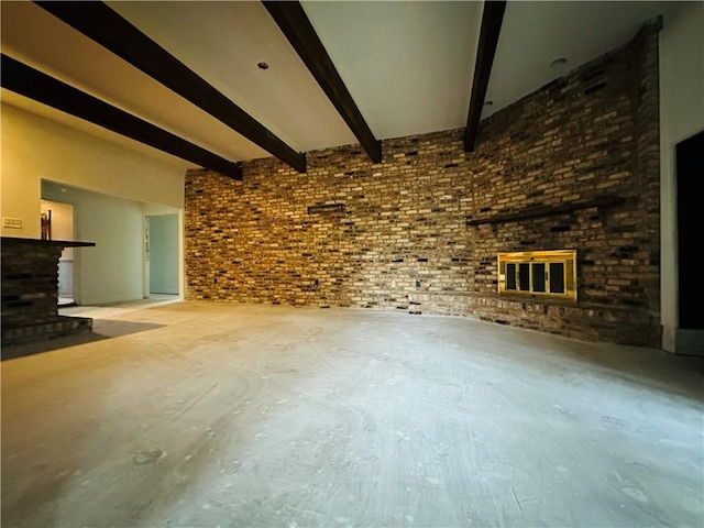 4408 Janice Ave, Metairie, LA 70003 - unfurnished living room featuring a fireplace, beam ceiling, and unfinished concrete floors