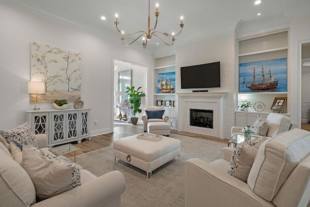 972 Camphill Dr, Abita Springs, LA 70420 - living room featuring built in features, crown molding, recessed lighting, wood finished floors, and a chandelier