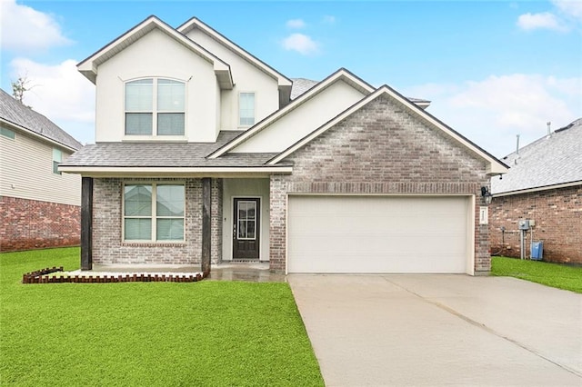 traditional home with brick siding, a porch, concrete driveway, an attached garage, and a front lawn