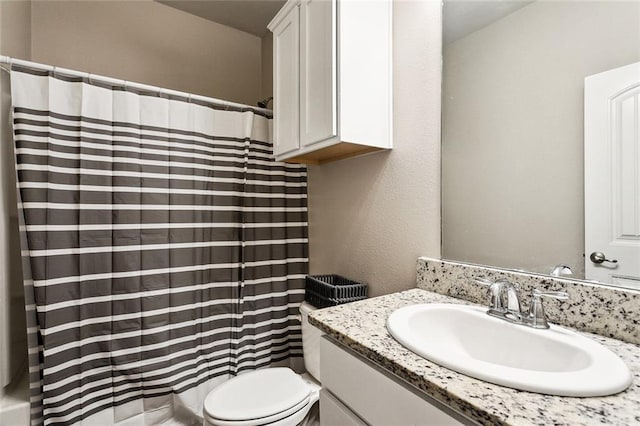 full bathroom with vanity, toilet, and a shower with shower curtain