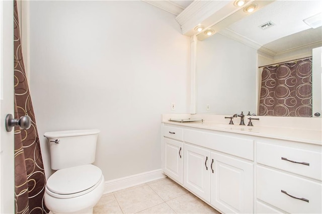 full bathroom featuring crown molding, tile patterned floors, toilet, baseboards, and vanity