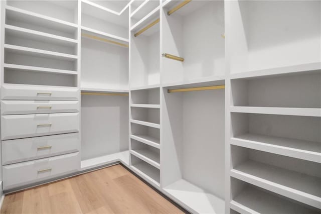 walk in closet with light wood finished floors