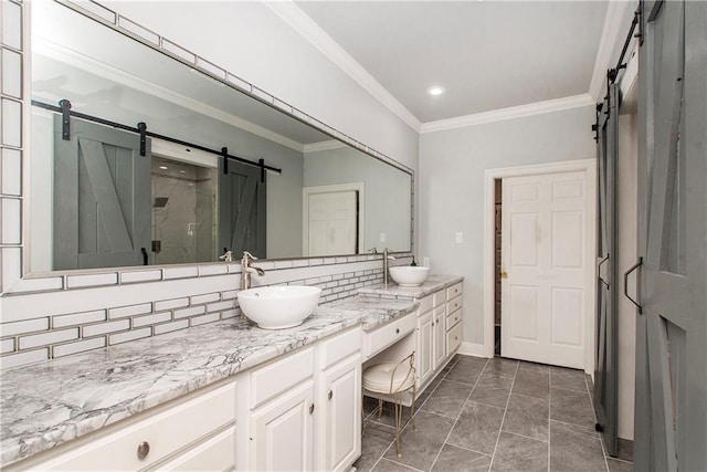 412 Magnolia Ln, Slidell, LA 70461 - full bath with double vanity, a shower stall, decorative backsplash, recessed lighting, and crown molding
