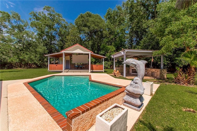 412 Magnolia Ln, Slidell, LA 70461 - swimming pool with a gazebo, a patio area, a lawn, and view of wooded area
