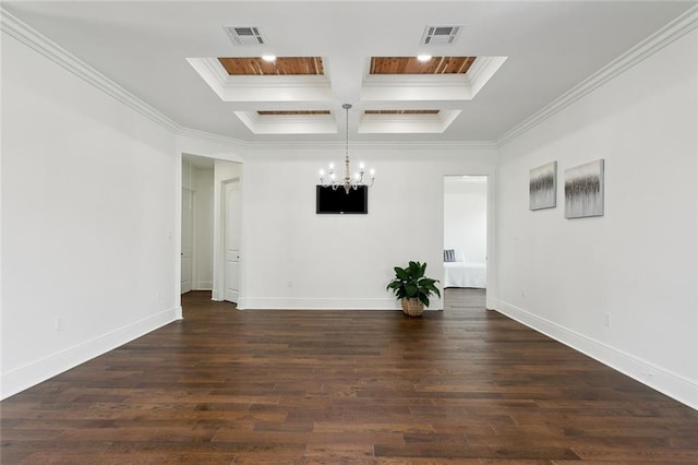 3016 Pecan Dr, Chalmette, LA 70043 - spare room featuring a chandelier, coffered ceiling, ornamental molding, dark wood finished floors, and beamed ceiling