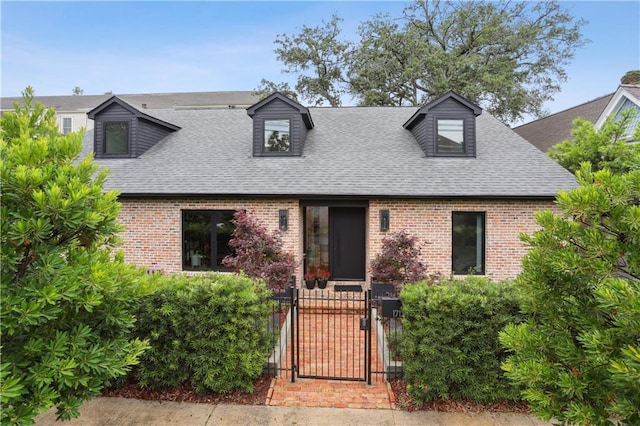 1712 Upperline St, New Orleans, LA 70115 - cape cod home with a shingled roof, a gate, and brick siding