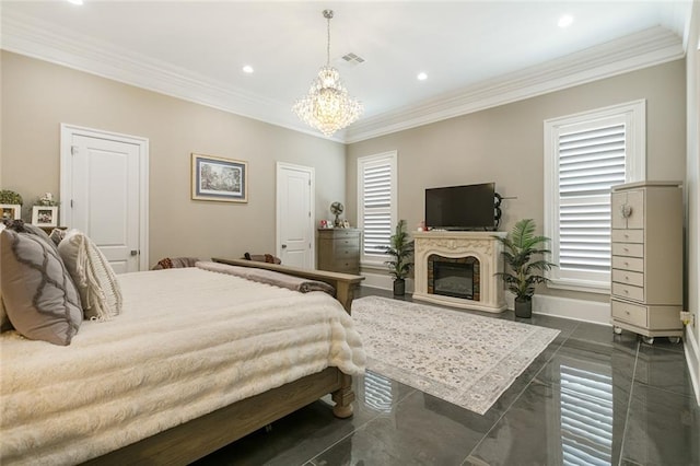 159 Elaine Ave, Harahan, LA 70123 - bedroom with a chandelier, ornamental molding, recessed lighting, a glass covered fireplace, and baseboards