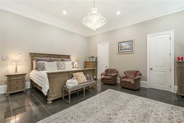 159 Elaine Ave, Harahan, LA 70123 - bedroom featuring granite floors, a chandelier, baseboards, crown molding, and recessed lighting