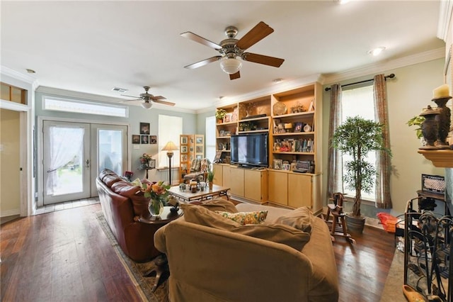 510 Nursery Ave, Metairie, LA 70005 - living room with french doors, wood finished floors, ceiling fan, and crown molding
