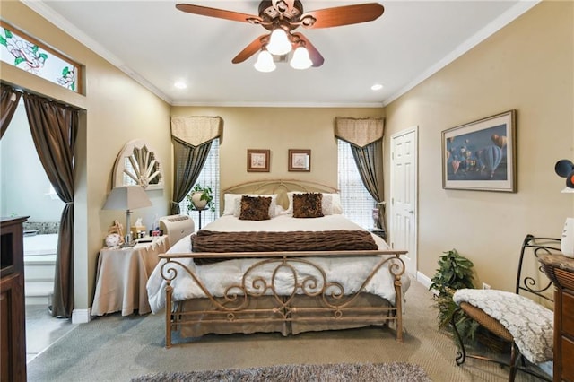 510 Nursery Ave, Metairie, LA 70005 - carpeted bedroom featuring baseboards, crown molding, recessed lighting, and a ceiling fan