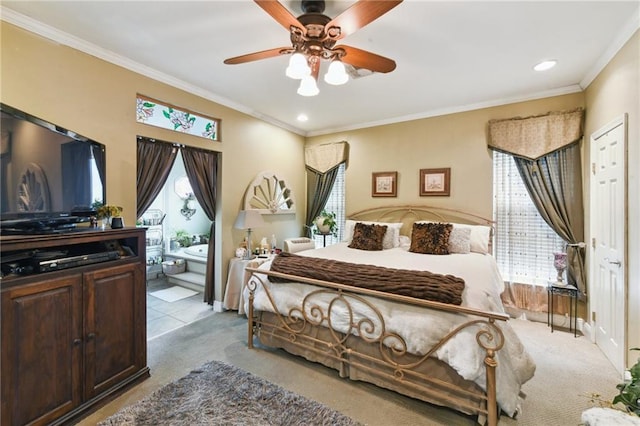 510 Nursery Ave, Metairie, LA 70005 - bedroom with multiple windows, light carpet, crown molding, ceiling fan, and recessed lighting