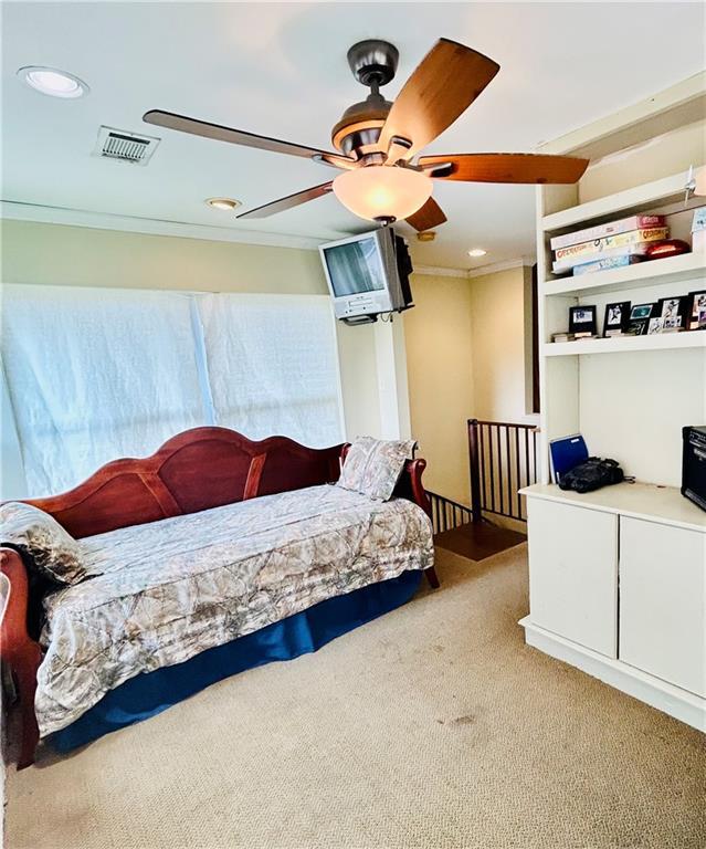 510 Nursery Ave, Metairie, LA 70005 - bedroom featuring carpet, crown molding, recessed lighting, and ceiling fan