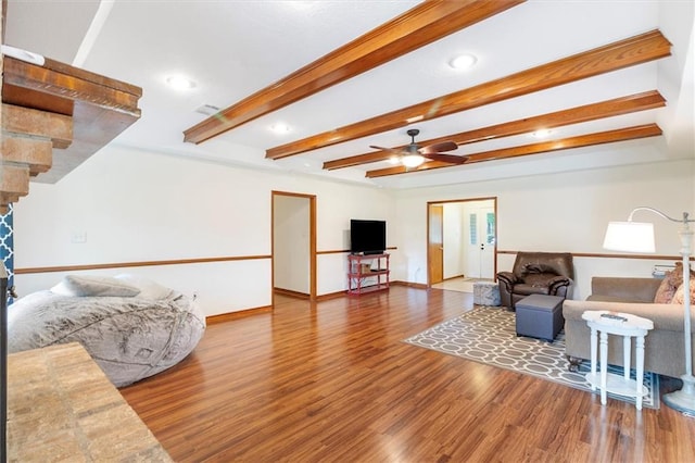17 S Division Dr, Covington, LA 70433 - living room with wood finished floors, beamed ceiling, baseboards, ceiling fan, and recessed lighting