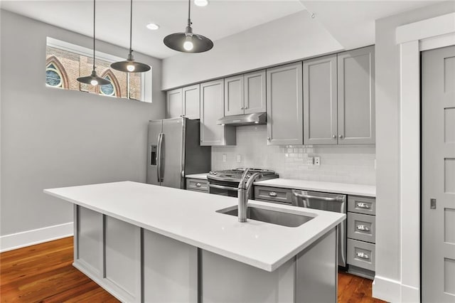 1215 Louisiana Ave Unit 105, New Orleans, LA 70115 - kitchen featuring gray cabinetry, appliances with stainless steel finishes, under cabinet range hood, a sink, and tasteful backsplash