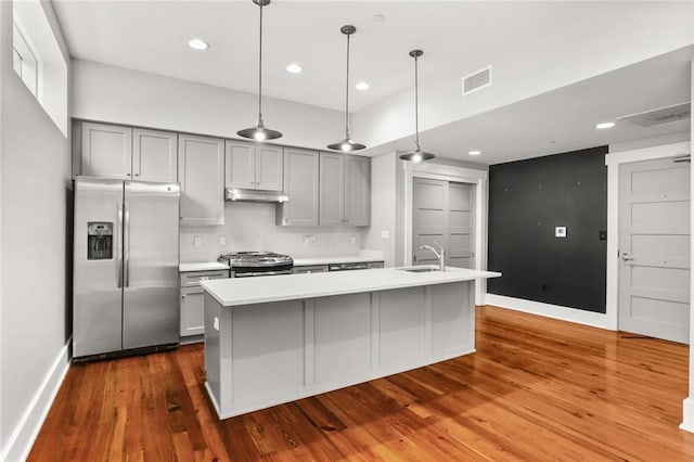 1215 Louisiana Ave Unit 105, New Orleans, LA 70115 - kitchen with stainless steel appliances, gray cabinetry, light countertops, backsplash, and a sink