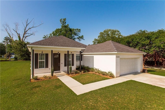 15326 S Tiger Loop, Ponchatoula, LA 70454 - ranch-style house with a front lawn, roof with shingles, covered porch, stucco siding, and an attached garage
