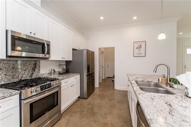 15326 S Tiger Loop, Ponchatoula, LA 70454 - kitchen featuring appliances with stainless steel finishes, a sink, crown molding, finished concrete flooring, and white cabinetry