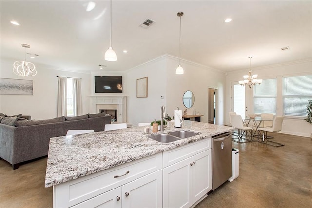 15326 S Tiger Loop, Ponchatoula, LA 70454 - kitchen with a sink, dishwasher, finished concrete floors, open floor plan, and a chandelier
