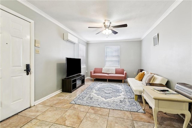 1031 Henriette Delille St Unit 1, New Orleans, LA 70116 - living area featuring ornamental molding, ceiling fan, an AC wall unit, and baseboards