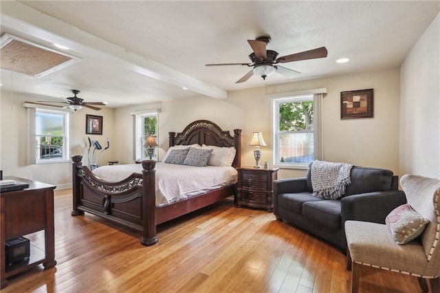 922 Lamanche St, New Orleans, LA 70117 - bedroom with attic access, light wood-style floors, recessed lighting, and ceiling fan