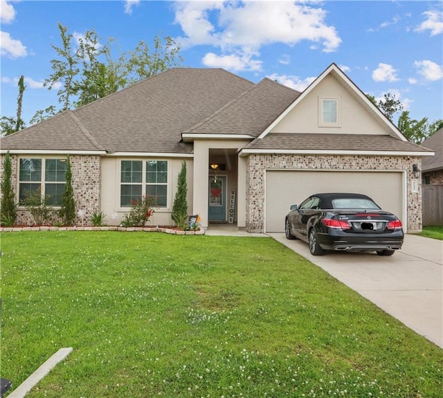 view of front of home featuring concrete driveway, a front lawn, an attached garage, a shingled roof, and brick siding
