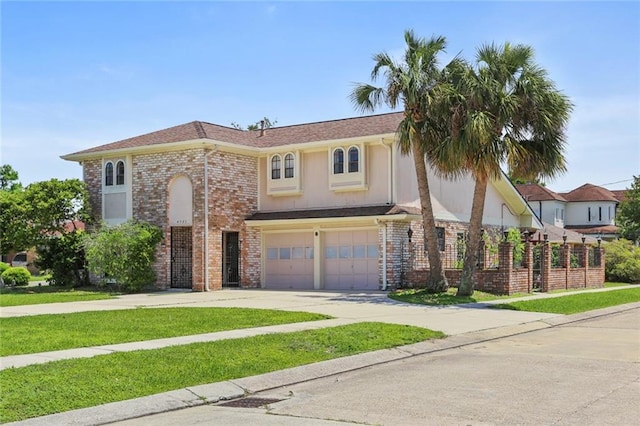 view of front of house featuring concrete driveway, a garage, a front yard, and brick siding