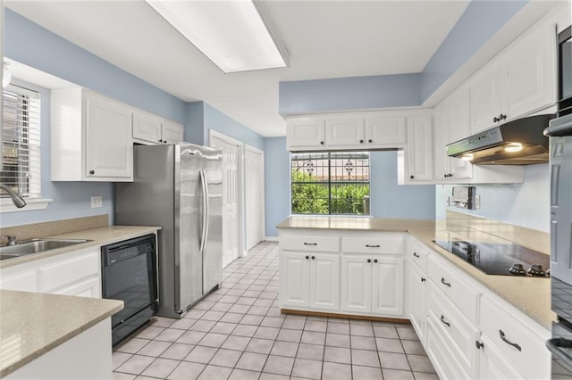 kitchen with black appliances, a sink, under cabinet range hood, white cabinetry, and light countertops