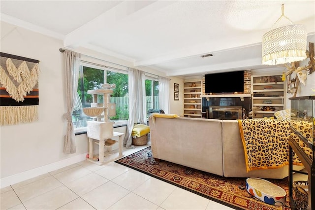 3931 S Post Oak Ave, New Orleans, LA 70131 - living area with tile patterned floors, baseboards, beam ceiling, and built in shelves