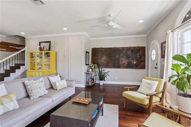 living area with wood finished floors, ornamental molding, stairs, ceiling fan, and recessed lighting