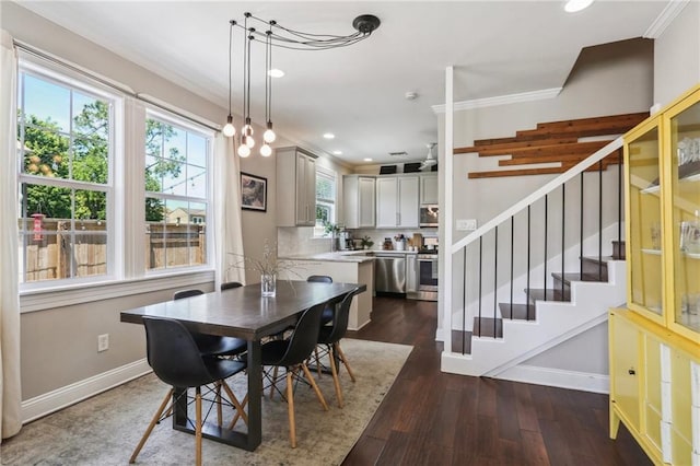 dining space featuring crown molding, stairway, baseboards, recessed lighting, and dark wood-type flooring