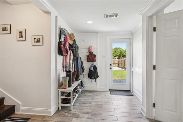 mudroom featuring ornamental molding, baseboards, wood tiled floors, and recessed lighting