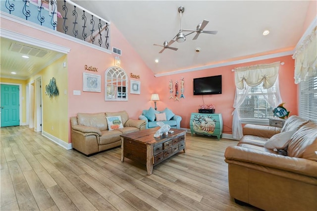 11020 Delaware St, Bay Saint Louis, MS 39520 - living room featuring ceiling fan, wood finished floors, crown molding, baseboards, and recessed lighting