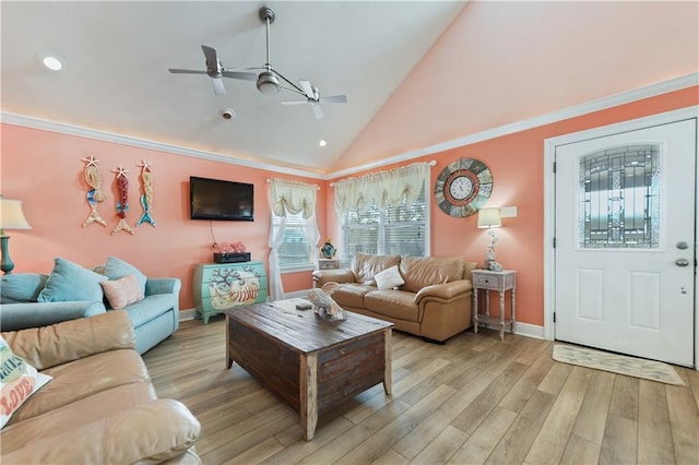 11020 Delaware St, Bay Saint Louis, MS 39520 - living room featuring ceiling fan, light wood-type flooring, baseboards, recessed lighting, and high vaulted ceiling