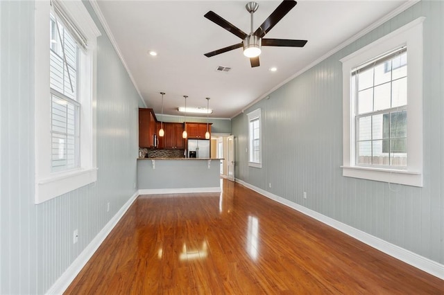 525 S Telemachus St, New Orleans, LA 70119 - unfurnished living room with crown molding, dark wood-style floors, a ceiling fan, baseboards, and recessed lighting