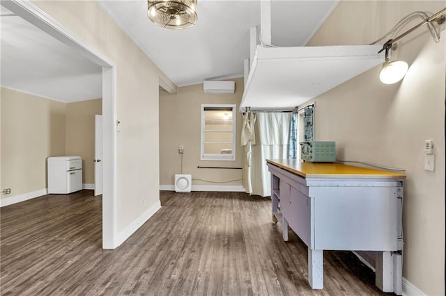 2437 Jonquil St, New Orleans, LA 70122 - hallway featuring wood finished floors, a wall mounted AC, baseboards, and crown molding